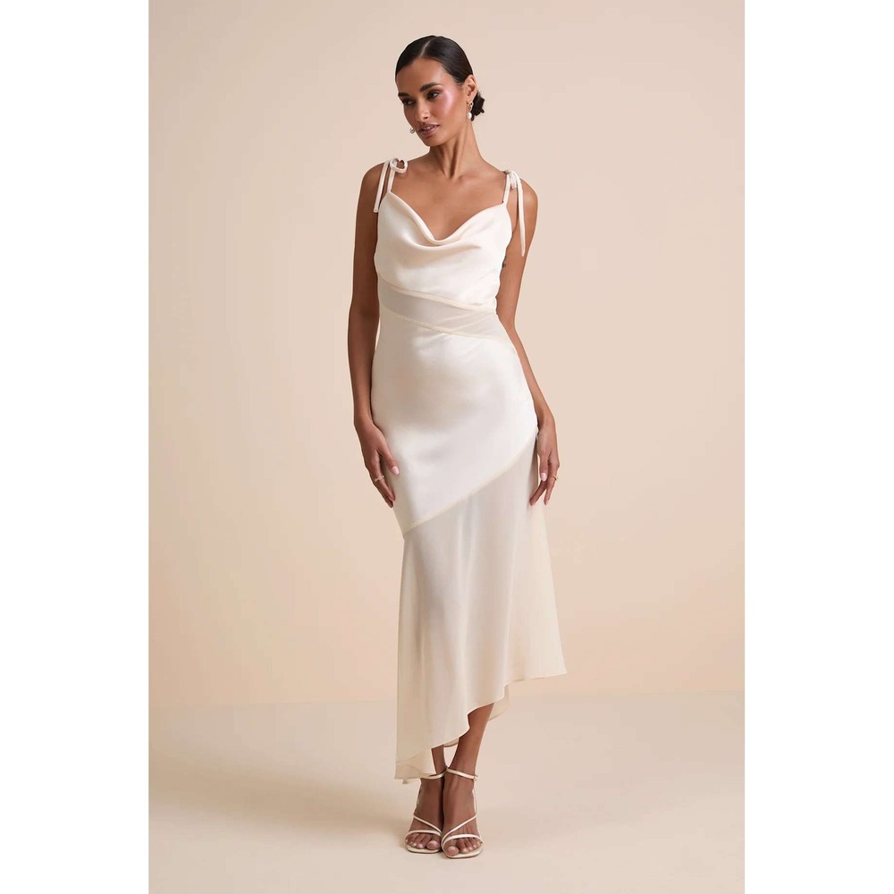 Lulus Enara‎ Cream Satin Mesh Tie-Strap Asymmetrical Midi Dress Size XL